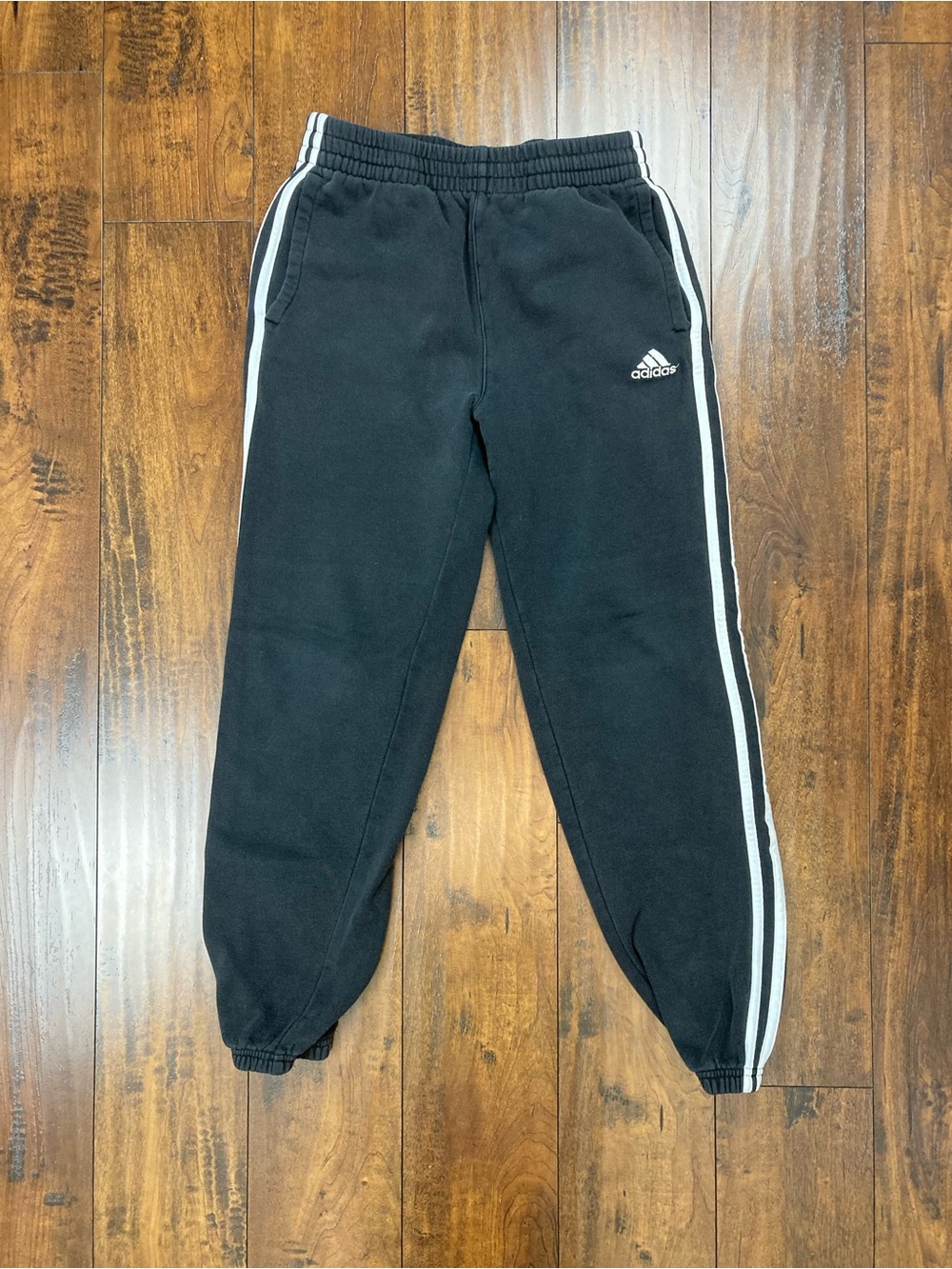 Adidas Fleece Jogger Sweatpants Boys L 14/16 Black 3 Stripe Embroidered Logo.